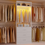 Wooden Closet System With LED Light 11FT Closet Organizer with 3 Wooden Drawers Walk-in Closet Organizer System with Tower and 4 Extendable Hanging Rods White