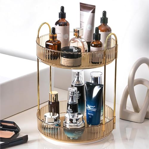 Rotating Makeup Organizer Countertop 2 Tier Lazy Susan Trays Clear Skincare Perfume Storage for Bathroom Counter Vanity, Amber Gold - color: Amber, size: 2 Tier