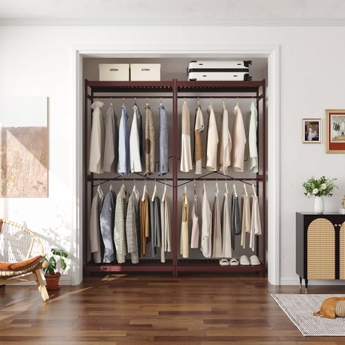 Homykic Bamboo Clothes Rack with Shelves and Double Hang Rods, Portable Closet System Garment Rack for Hanging Clothes, Tall Clothing Rack Corner Closet Organizer, Easy to Built, Espresso - color: Espresso, size: Standard