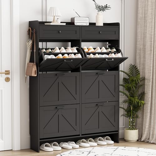 Shoe Cabinet with 6 Flip Drawers & 2 Top Drawers, 57" Tall Freestanding Narrow Wooden Shoe Storage Organizer for Entryway, Hidden Slim Shoe Rack for Front Door Entrance, Hallway, Living Room, Black - color: Black, size: 6 Flip Drawers