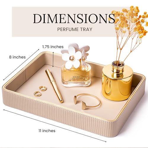 Perfume Tray Valet Tray Night Stand Bedside Organizer| Perfume Organizer Catchall| Perfume Trays for Dresser Vanity Tray for Dresser Countertop| Perfume Holder Leather Tray Organizer (Beige) - color: Beige 1 Pack, size: 8" x 11" x 1.8"