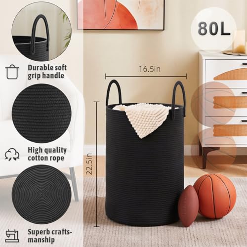 Artfeel Laundry Basket,Woven Cotton Rope Laundry Hamper,80L for Decorative Storage of Dirty Clothes,Toys and Blankets in Bathroom,Baby Room and Living Room - color: Dark black, size: 80L