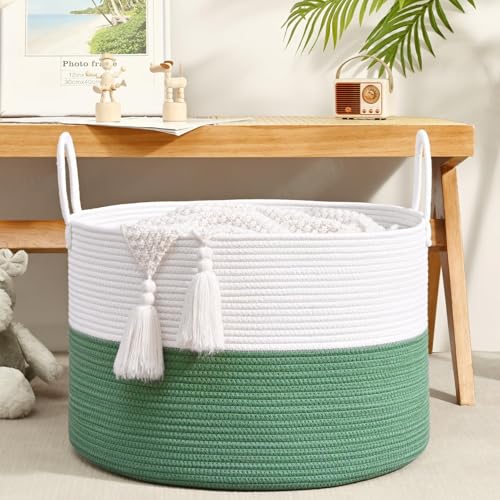 Extra Large Toy Basket, 20"x13" Kids Toy Storage for Playroom Classroom Nursery, Woven Rope Blanket Basket with Handles, Stuffed Animal Organizer & Dog Toys Basket, Green - color: Green - Wide