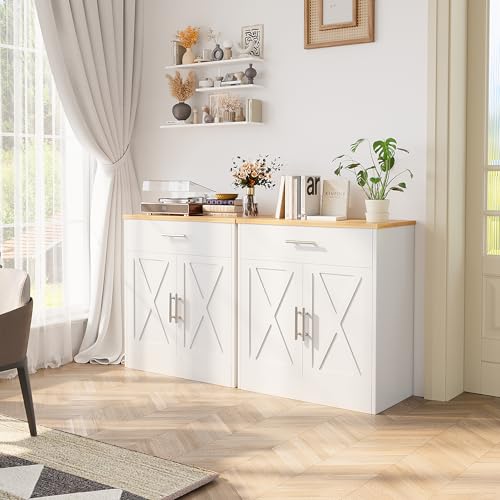 Shintenchi Farmhouse Storage Cabinets with Doors and Shelves,Kitchen Barn Door Storage Cabinet with Drawers,Coffee Bar Cabinet Buffest Sideboard for Dining Room,Bathroom,Entryway - color: New White, size: 28.3"L