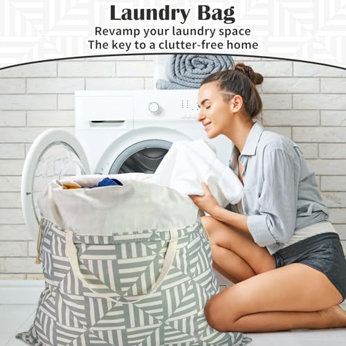 Canvas Laundry Bag 33"Wx 35"H, Thick Canvas Laundry Bag with Handles & Drawstring, Extra Large Heavy Duty Washable Basket Liner Hamper Liner Storage Sack (Geometry Light Gray) - color: Geometry Light Gray,1pc XL, size: XL 33"W x 35"H┃1 Pack