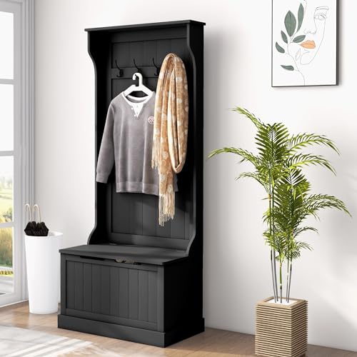 HOMCOM Hall Tree with Bench and Shoe Storage, 3-in-1 Entryway Bench with Coat Rack, 4 Hooks and Flip Top Storage Compartment, Black - color: Black, size: 28"