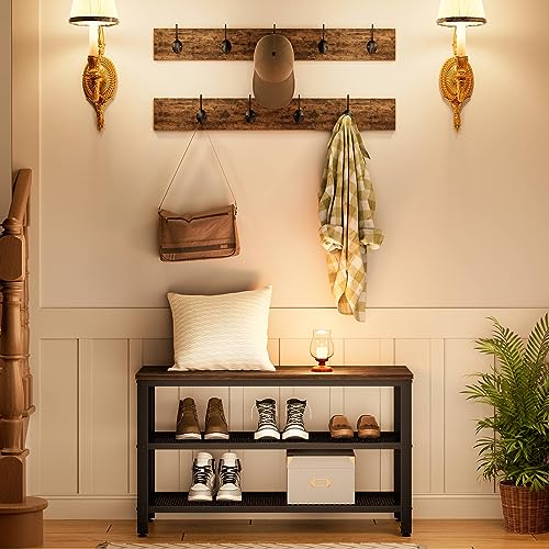 HOOBRO Hall Tree Entryway Storage Bench, Coat Rack Shoe Bench, Shoe Rack Organizer with Coat Hooks, 3-in-1 Design, Wooden Furniture with Metal Frame, Rustic Brown and Black BF17MT01 - color: Rustic Brown, Black, size: 28.7"L x 11.8"W x 17.5"H