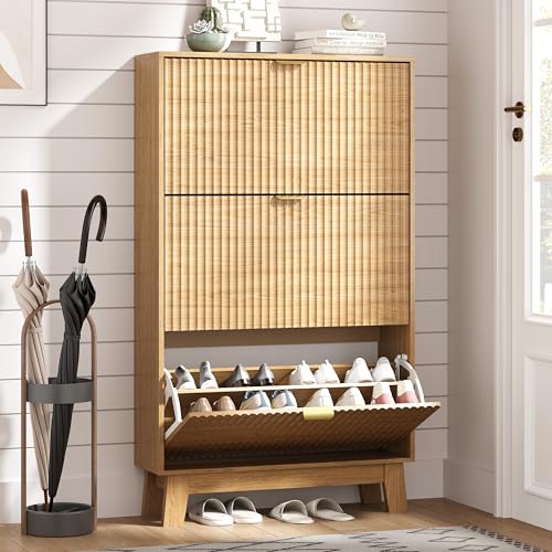 HUANLEGO Shoe Cabinet Storage for Entryway with 3 Flip Drawers, Fluted Narrow Shoe Organizer with Wooden Legs, Freestanding Slim Shoe Storage Hidden Shoe Rack Organizer for Front Door Entrance, Oak - color: Oak, size: 3 Drawer