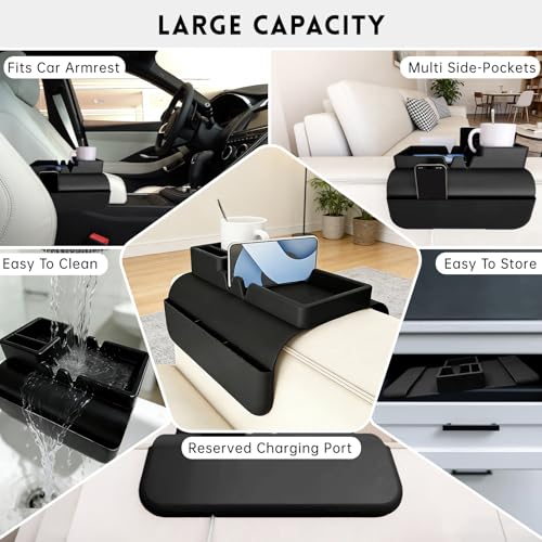 2Pcs Black Couch Cup Holder Tray, Couch Arm Cup Holder, Large Anti-Slip Couch Cups Holder with Side Pocket, Silicone Sofa Armrest Organizer for Snacks/Remote/Phone/Fruit, Gift for Women - color: Black