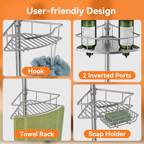 Corner Shower Caddy Tension Pole Rustproof, 4 Tier Adjustable Shower Organizer Tension Pole, 25-125 Inch Bathroom Shower Organizer for Bathtub Shampoo Storage, Silver - color: Silver
