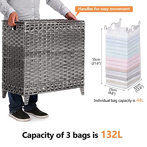 Laundry Hamper with 3 Removable Liner Bags; 132L Handwoven Rattan Laundry Basket with Lid & Heightened Feet; Clothes Hamper with Side Handles; Laundry Sorter with 3 Separate Sections - color: Gray, size: 132L-3 Section