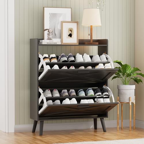 Homleke 32" W Farmhouse Shoe Storage Cabinet with 2 Flip Drawers and Barn Door Design, Adjustable Shelves, Modern Hidden Slim Narrow Shoe Rack Cabinet for Entryway, Foyer, Hallway, Living Room, Black
