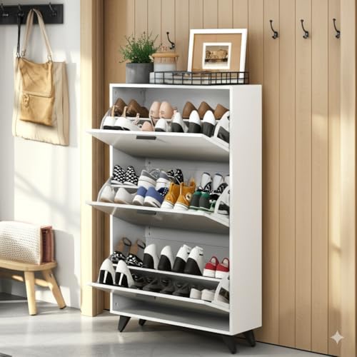 Anystyle White Shoe Storage Cabinet for Large Shoes, 3-Tier Adjustable Flip-Door Organizer, Space-Saving Wooden Cabinet for Entryway, Closet, Living Room, 31.5" W x 49.2" H - color: White