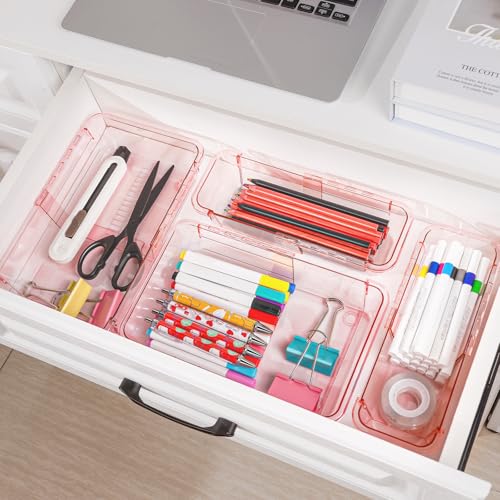 14 Pcs Clear Drawer Organizer, Adjustable Drawer Storage Box, 3-Size Desk Drawer Organizer, Acrylic Storage Bins for Makeup, Kitchen Utensils, Bedroom Dressers Tool Organizer for Gadgets, Pink - color: Pink, size: 14PCS