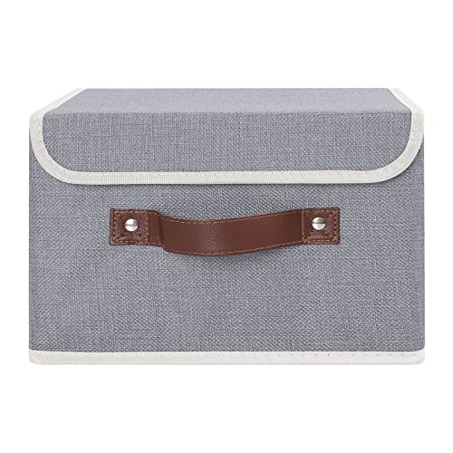 ANMINY Storage Bin with Lid Storage Boxes with PU Leather Handles PP Plastic Board Decorative Foldable Lidded Cotton Linen Fabric Home Cubes Baskets Closet Organizer Container - Gray, Small Size - color: Gray, size: Small (Pack of 1)