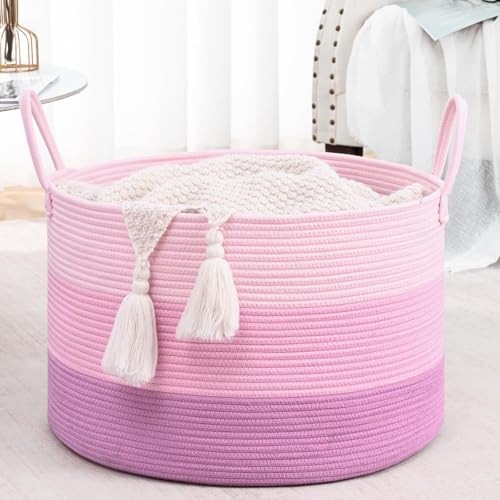 Extra Large Toy Basket, 20"x13" Kids Toy Storage for Playroom Classroom Nursery, Woven Rope Blanket Basket with Handles, Stuffed Animal Organizer & Dog Toys Basket, Pink - color: Pink - Wide