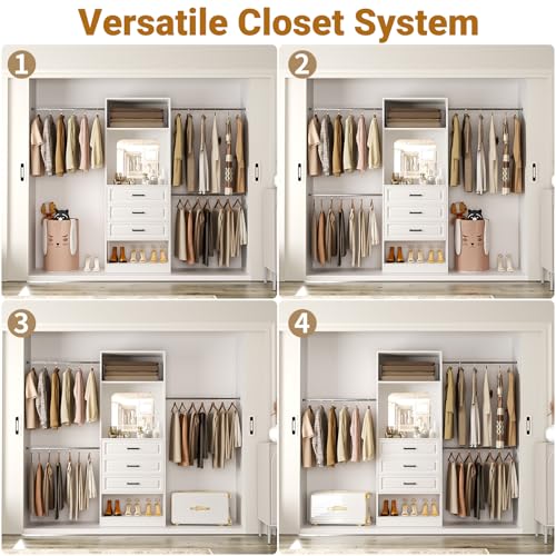 Unikito 48" W - 96” W Closet System with Mirror, 8FT Walk in Closet Organizer Kits with Drawers and 3 Extendable Hanging Rod, Sturdy Wood Clothing Garment Rack with 25” Tower, Max Load 1000 LBS, White - color: White