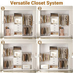 Unikito 48" W - 96” W Closet System with Mirror, 8FT Walk in Closet Organizer Kits with Drawers and 3 Extendable Hanging Rod, Sturdy Wood Clothing Garment Rack with 25” Tower, Max Load 1000 LBS, White - color: White