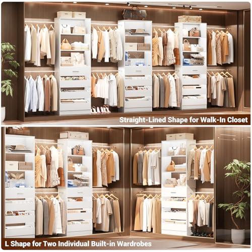 Aheaplus Closet System Set of 2, 4-9Ft Wood Closet Organizer with Drawers & Shelves, Closet Organizer System with 8 Hanging Rods, Walk-in Closets Organizer Wardrobe Closet Rack, White - color: White-2Sets