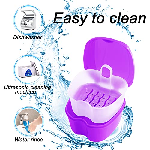 Colorful Denture Bath Case with Brush, Denture Cup Soaking Holder False Teeth Container Mouth Guard Storage Case Cleaning with Lid Waterproof - Purple - color: Purple
