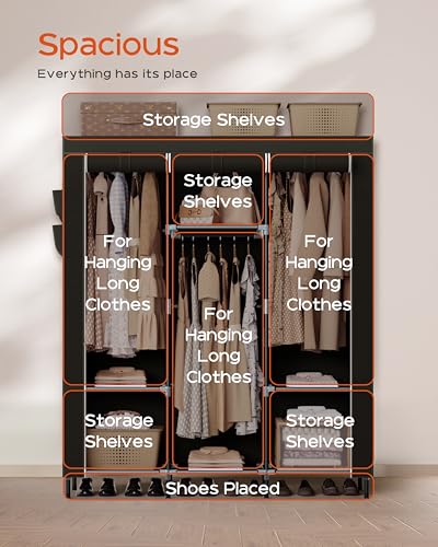CASAMAYA Portable Closet, 51.2 Inch Large Capacity Wardrobe Closet with Cover, Clothes Storage Organizer with Shelves and 3 Hanging Rods, Easy to Assembly, Black PCT203B01 - size: 51.2"L x 17.7"W x 70.9"H
