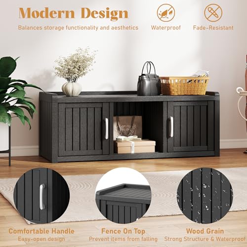 KAMABOKO Shoe Storage Cabinet Waterproof UV-Resistant, Entryway Storage Bench Indoor Outdoor with 2 Doors, Adjustable Shelves for Entryway, Bedroom, Hallway,Living Room(Black) - color: Black, size: 2 Door