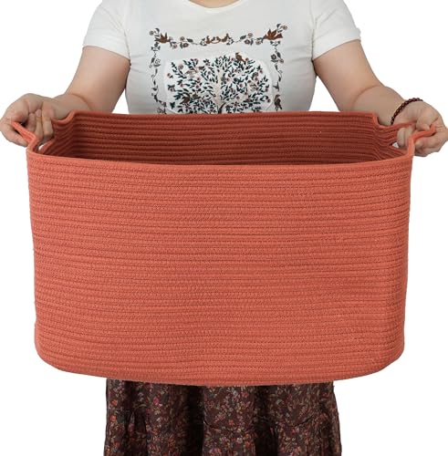 XUANGUO Large Rectangle Blankets Basket Living Room 22"x17"x12" Woven Cotton Rope Storage Baskets for Nursery Toy Baskets for Kids and Dogs Wicker Laundry Basket Bin for Clothes Towels rustic - color: rustic