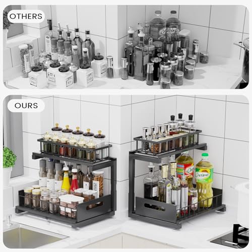 Under Sink Organizer, Heavy Duty Metal Pull Out Cabinet Organizer Slide Out Sink Shelf Organizer Height Adjustable, Multi-Purpose Storage Shelf for Kitchen Bathroom(Black,2Pack) - color: Black, size: 2 Pack