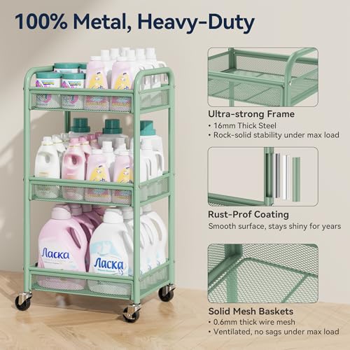YASONIC 3 Tier Rolling Cart – Metal Utility Storage Carts with Wheels, Craft Carts Organizer with Hanging Cups, Hooks, Mesh Basket for Bedside Kitchen Office Art, Green - color: Green