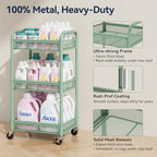 YASONIC 3 Tier Rolling Cart – Metal Utility Storage Carts with Wheels, Craft Carts Organizer with Hanging Cups, Hooks, Mesh Basket for Bedside Kitchen Office Art, Green - color: Green