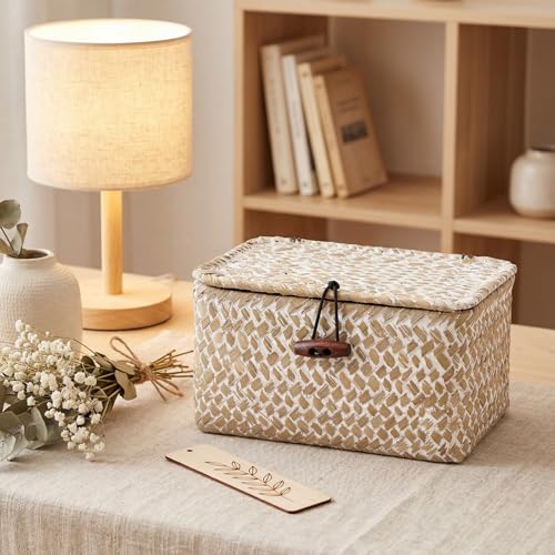 Hipiwe Wicker Shelf Basket Mini Seagrass Basket with Lid Key Holder Box for Entry Tabletop Desk Organizer Home Decor, Whitewash 6.1" x 4" x 3.3" - color: Whitewash color, size: 6.1" x 4.0" x 3.3"