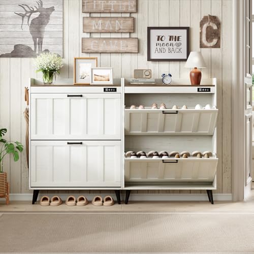 ChooChoo Shoe Storage Cabinet with 2 Flip Drawers, Deodorizing Shoe Organizer Storage for Entryway, Freestanding Hidden Slim Narrow Shoe Rack Cabinet, Antique White & Brown - color: Antique White & Brown, size: 2-Drawers