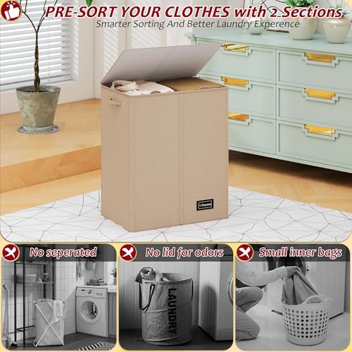 150L Laundry Hamper 2 Section, Large Laundry Hamper with Lid, Dirty Clothes Hamper with 2 Removable Inner Bags, Collapsible Laundry Basket Organizer for for Clothes Toys Towels, Hamper 2 Compartment - color: Oatmeal, size: 150L