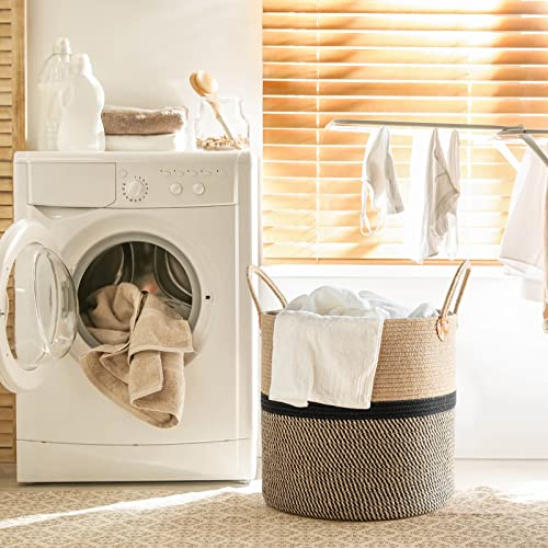 CHICVITA Extra Large Jute Woven Storage Basket with Handles – Laundry Basket Toy Towels Blanket Basket Home Decor Gift, 16" x 16", Black - color: Black, size: 16"W x 16"H