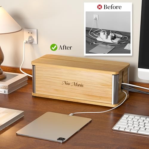 Delamu Wooden Cable Management Box, Retro-Inspired Cord Organizer Box for Home Office, Large Cord Hider Box Hides Cords and Power Strips, Floor Cord Covers, 14.3" x 6.0" x 5.5", Light Wood Color - color: Light wood color