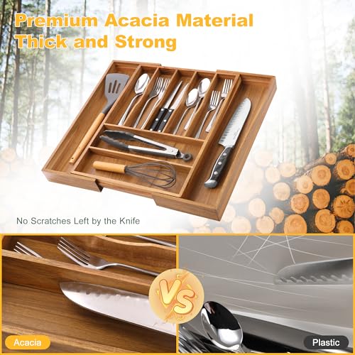 Large Premium Acacia Silverware Organizer - Expandable Drawer Organizer & Utensil Organizer - 17"x19.7" Cutlery Tray with Dividers for Kitchen Utensils and Flatware (7-9 Slots) Acacia - color: Acacia, size: 9 Slots Expandable