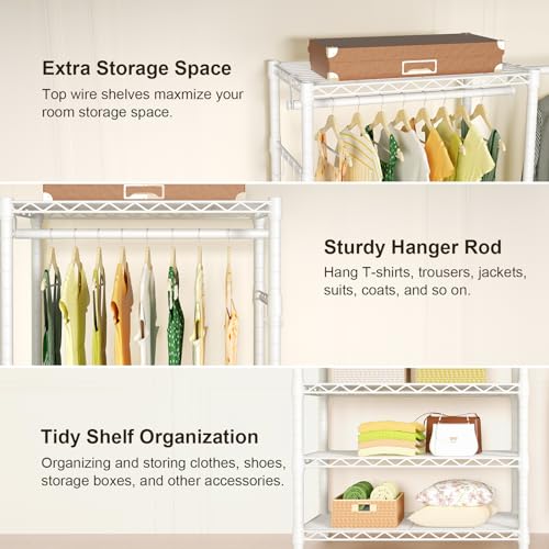 Ulif E1 Heavy Duty Closet Garment Rack, 6 Tiers Adjustable Metal Freestanding Expandable Clothing Storage with 4 Hanger Rods, Easy to Assemble Wardrobe, 71.4" H x (70" - 88.2") L x 14" D, White - color: White