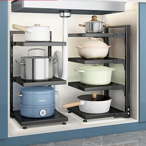 Pots and Pans Organizer for Cabinet Black Adjustable 3 Tier Pot Organizer Rack Under Sink or Floating Shelf Heavy Duty Kitchen Storage Organizers Pot Lid Organizer - color: Black, size: 3 Tier