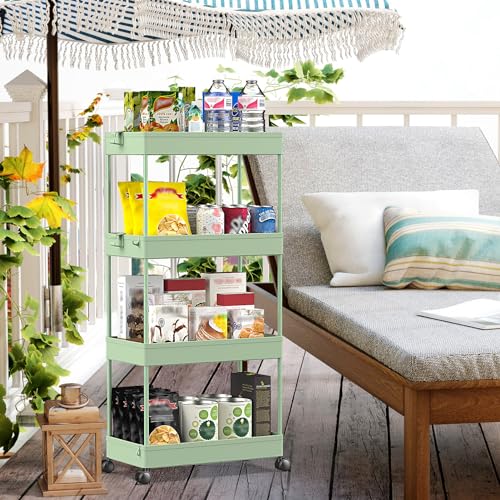 SPACEKEEPER Storage Cart 4-Tier, Bathroom Rolling Cart Utility Storage Organizer Shelf Mobile Shelving Unit for Kitchen Living Room Bathroom Laundry Room & Dressers, Green - color: Green, size: 4 Tier