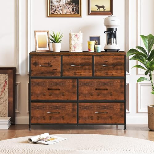 7-Drawer Dresser for Bedroom, Anti-Tip Wide Storage Organizer Fabric Chest of Drawers TV Stand for 45" TV with Wooden Top and Metal Frame for Closet, Living Room, Hallway, Entryway, Brown - color: Brown, size: 11.8"D x 39.3"W x 30.3"H (7 Drawers)