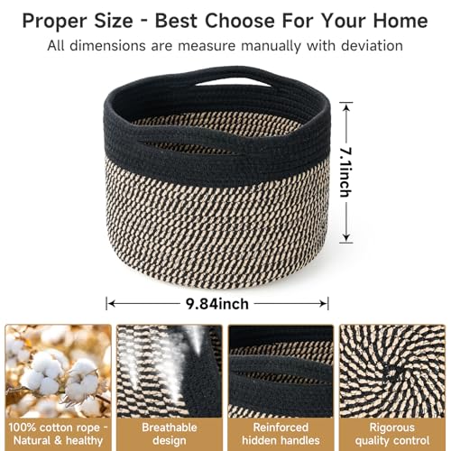 Small Rope Baskets for Storage, Baskets for Gifts Empty, Cute Round Woven Basket, Decorative Shelf Baskets 9.82×9.82×7.1", Cotton Toy Basket Storage Bins for Organizer 3 Packs-Brown+Black - color: Eight Black-3PCS