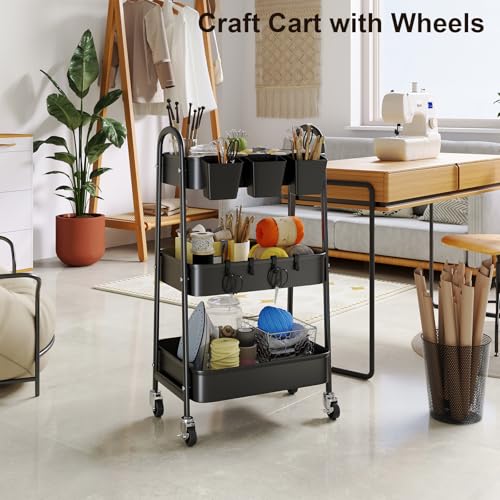 3 Tier Metal Rolling Cart with Lockable Wheels, Black Three Tiered Utility Storage Organizer Carts on Wheels for Bathroom, Kitchen, Laundry, Garage, Office, Craft, Art, Baby, Diaper Caddy, Snack, Book - color: Matte Black, size: 3 tier