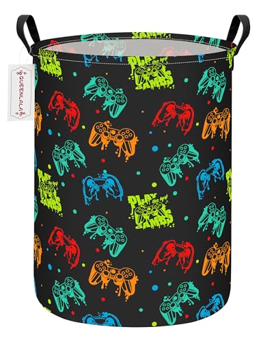 QUEENLALA Large Storage Basket,Laundry Hamper/Bathroom/Home Decor/Collapsible Round Storage Bin,Boys and Girls Hamper/Boxes/Clothing(Round-Black Game) - color: Round-Black Game