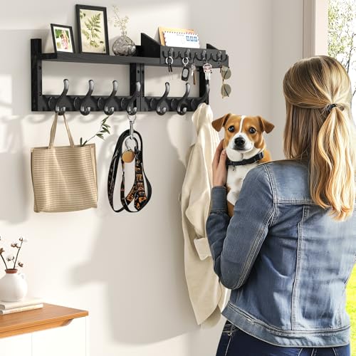 Evermagin 29" Coat Rack Wall Mount with Shelf, 4 in 1 Wall Mounted Coat and Key Hanger with 11 Hooks, Entryway Key Holder with Mail Holder for Living Room, Bedroom, Black - color: Black, size: 29 inch