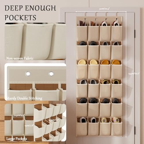 homyfort Over the Door Shoe Organizer, 24 Large Breathable Mesh Pocket,Space Saving Hanging Shoe Rack,Shoe Storage Holder for Entryway Bedroom Closet - color: Beige