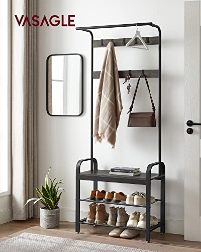 VASAGLE Coat Rack, Hall Tree with Shoe Bench for Entryway, Entryway Bench with Coat Rack, 4-in-1, with 9 Removable Hooks, a Hanging Rod, 13.3 x 28.3 x 72.1 Inches, Charcoal Gray and Black UHSR040B04 - color: Charcoal Gray + Black, size: 28.3"W