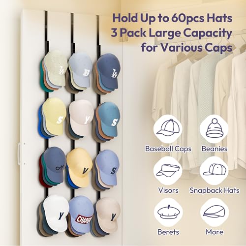 SWTYMIKI Over Door Hat Rack - 3 Packs Metal Hanging Hat Organizer with 12 Hooks Design, Baseball Cap Hanger Organizer Storage Holds up to 60 Caps for Door, Bedroom, Closet - color: black, size: 3 Pack