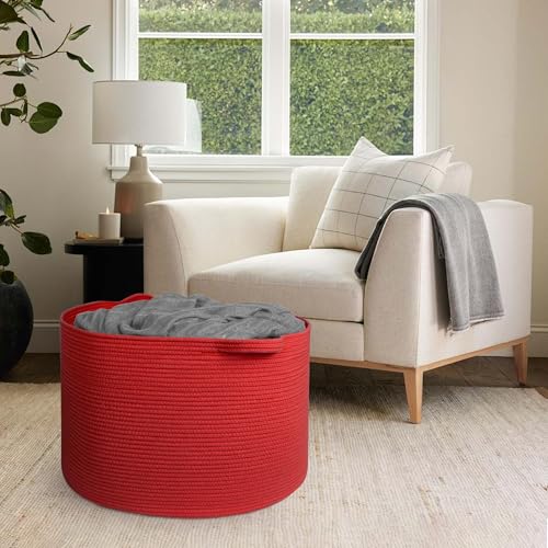 MEGASKET 115L Extra Large Red Basket for Organizing, 23.6"x15.7" Jumbo Woven Cotton Rope Bins for Blankets, Baby Nursery Laundry Basket, Kids Dog Toy Storage Box, Huge Red Living Room Decor Organizer - color: Red, size: 23.6"x23.6"x15.7"