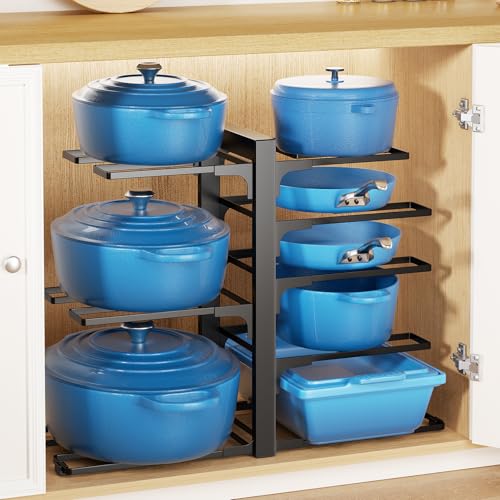 LAMU Pots and Pans Organizer Organizer under Cabinet 15.83" Height, 8 Adjustable Tier Heavy Duty 120LB Pot and Pan Organizer Rack inside Cabinet for Cast-iron Pan, Heavy Skillets Griddle, Shallow Pot - color: Black, size: L-8Tier-15.8“H