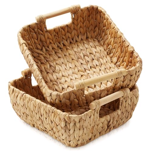 Casafield Set of 2 Water Hyacinth Oval Storage Baskets with Wooden Handles - Small, Woven Bin Organizers - color: Natural - Hyacinth, size: Set of 2 - Small